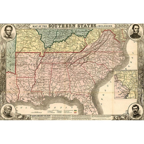 Southern States During the Rebellion 1863 Gold Ornate Wood Framed Art Print with Double Matting by Vintage Maps