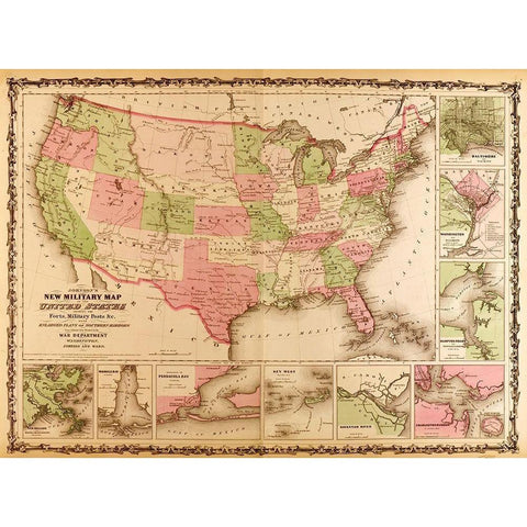 Military Map of the United states 1863 Black Modern Wood Framed Art Print with Double Matting by Vintage Maps