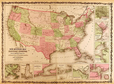 Military Map of the United states 1863 Black Ornate Wood Framed Art Print with Double Matting by Vintage Maps