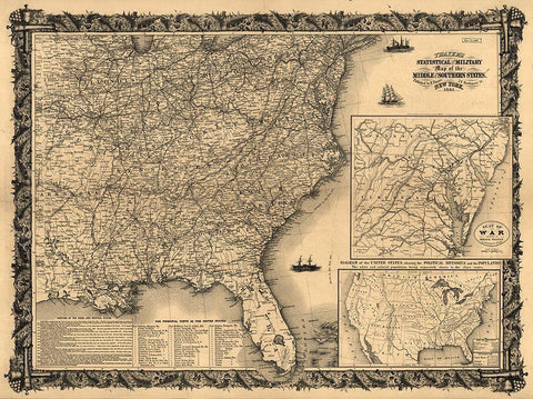 Statistical and military map of the middle and southern states 1861 Black Ornate Wood Framed Art Print with Double Matting by Vintage Maps