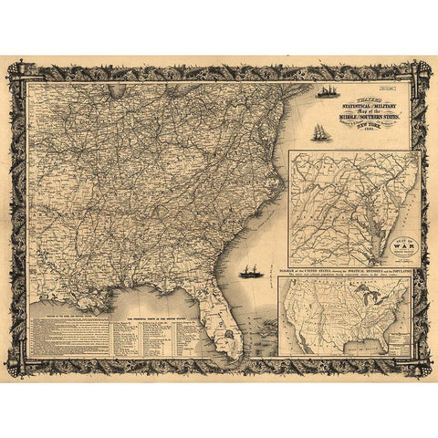 Statistical and military map of the middle and southern states 1861 White Modern Wood Framed Art Print by Vintage Maps