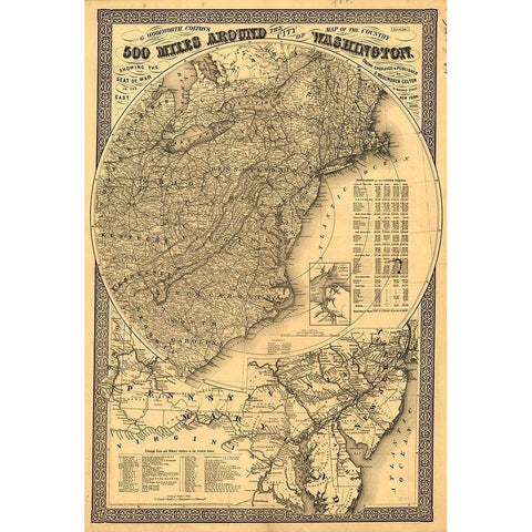 500 Miles Around Washington DC  Gold Ornate Wood Framed Art Print with Double Matting by Vintage Maps