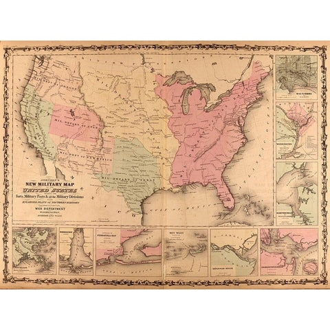 Military Map of the United States 1862 Black Modern Wood Framed Art Print with Double Matting by Vintage Maps