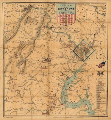 Army Map Theatre of War 1862 Black Ornate Wood Framed Art Print with Double Matting by Vintage Maps