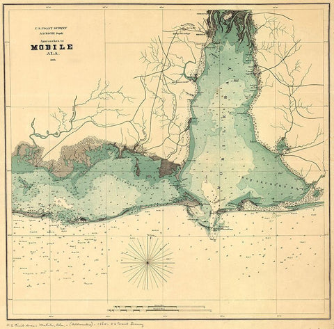 Approaches to Mobile Alabama 1864 Black Ornate Wood Framed Art Print with Double Matting by Vintage Maps