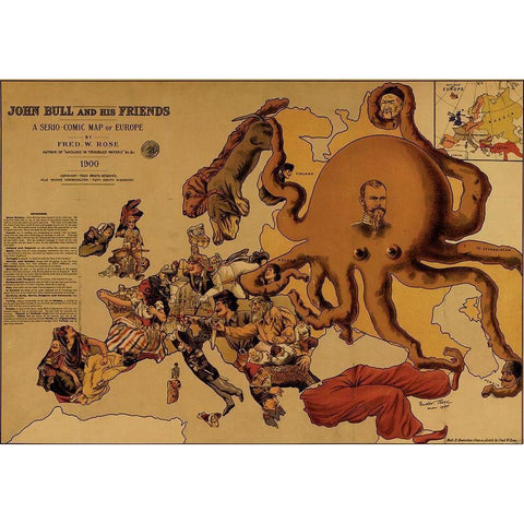 John Bull and his friends a comic map of Europe 1900 White Modern Wood Framed Art Print by Vintage Maps