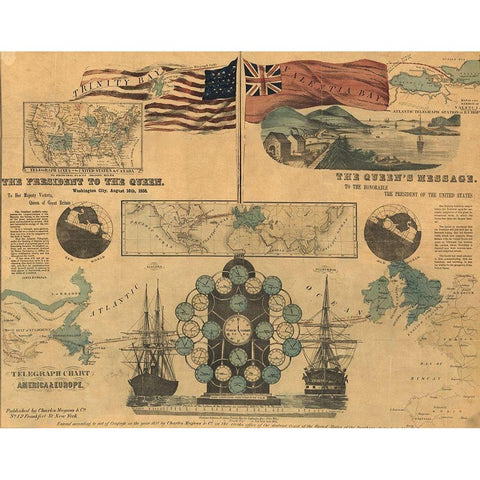 Telegraph Chart of America and Europe 1858 Gold Ornate Wood Framed Art Print with Double Matting by Vintage Maps