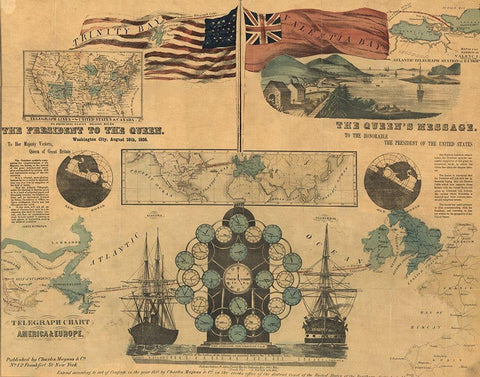 Telegraph Chart of America and Europe 1858 Black Ornate Wood Framed Art Print with Double Matting by Vintage Maps