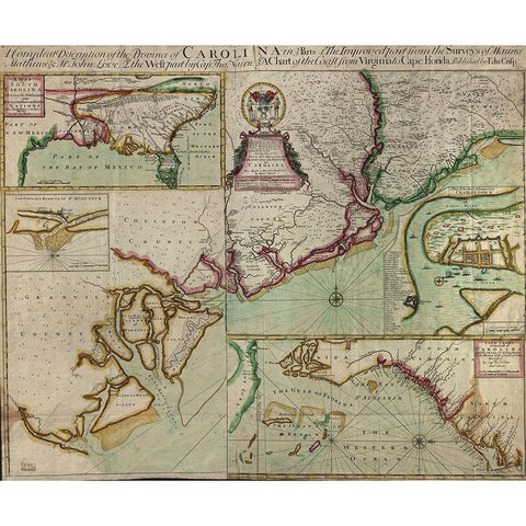 Carolinas in 1711 Black Modern Wood Framed Art Print with Double Matting by Vintage Maps