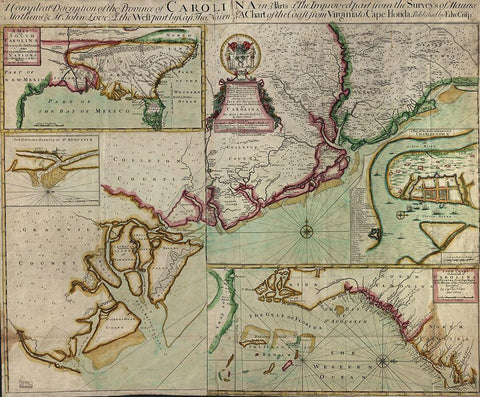 Carolinas in 1711 Black Ornate Wood Framed Art Print with Double Matting by Vintage Maps