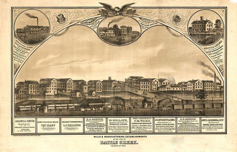 Battle Creek Michigan 1869 Black Ornate Wood Framed Art Print with Double Matting by Vintage Maps