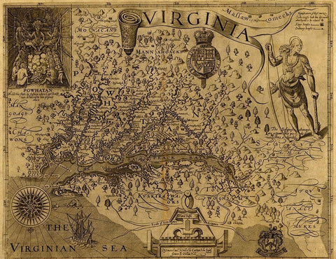 Virginia Discovered and described by john Smith 1606 Black Ornate Wood Framed Art Print with Double Matting by Vintage Maps