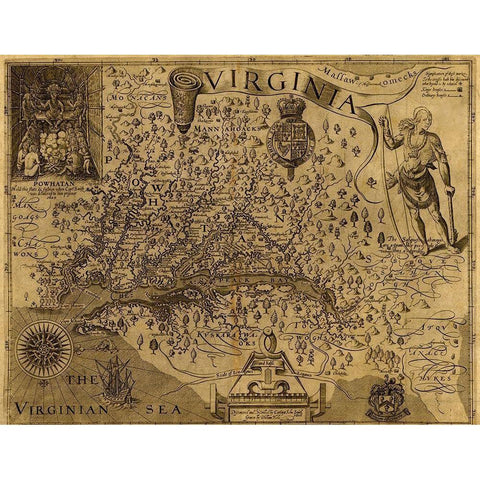 Virginia Discovered and described by john Smith 1606 Black Modern Wood Framed Art Print with Double Matting by Vintage Maps