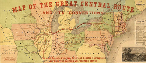 Great Central Route and Connections 1855 Black Ornate Wood Framed Art Print with Double Matting by Vintage Maps