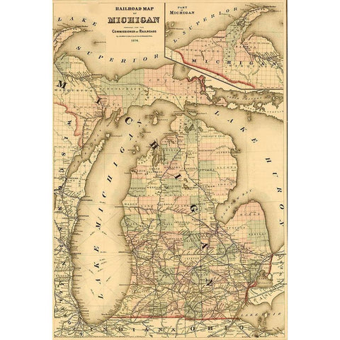 Railroads of Michigan 1874 Black Modern Wood Framed Art Print with Double Matting by Vintage Maps