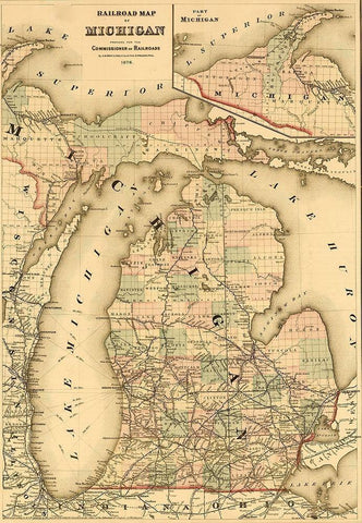 Railroads of Michigan 1874 Black Ornate Wood Framed Art Print with Double Matting by Vintage Maps