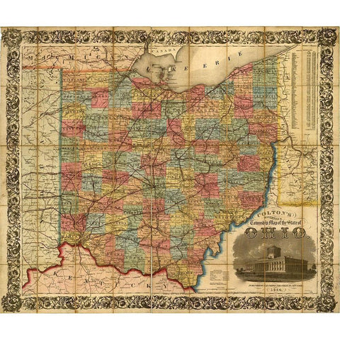 Railroad Township Map of the States of Ohio 1854 Gold Ornate Wood Framed Art Print with Double Matting by Vintage Maps