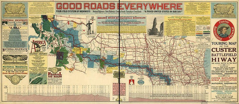 Good Roads Everywhere A Touring Map of the Custer Battlefield Highway 1925 White Modern Wood Framed Art Print with Double Matting by Vintage Maps