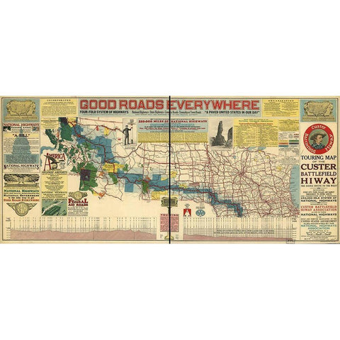 Good Roads Everywhere A Touring Map of the Custer Battlefield Highway 1925 White Modern Wood Framed Art Print by Vintage Maps