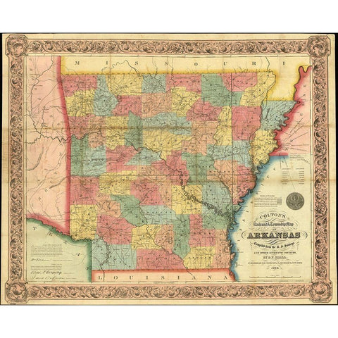 Arkansas 1854 Gold Ornate Wood Framed Art Print with Double Matting by Vintage Maps