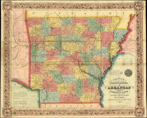 Arkansas 1854 Black Ornate Wood Framed Art Print with Double Matting by Vintage Maps