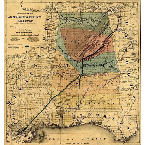 Alabama and Tennessee River Rail Road 1867 White Modern Wood Framed Art Print by Vintage Maps