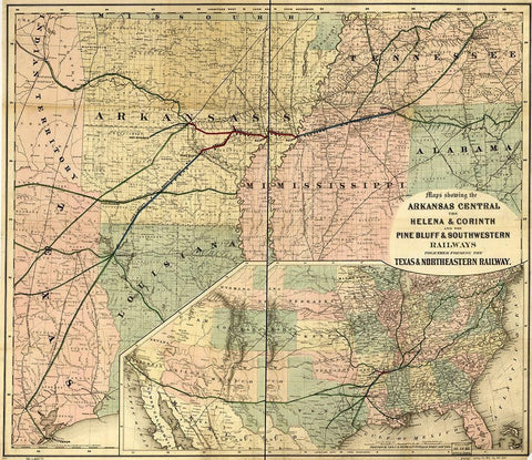 Arkansas Central 1872 Black Ornate Wood Framed Art Print with Double Matting by Vintage Maps