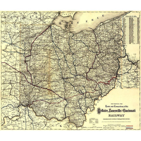 Bellaire Zanesville and Cincinnati Railway 1883 White Modern Wood Framed Art Print by Vintage Maps