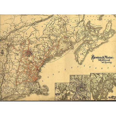 Boston and Maine 1898 Gold Ornate Wood Framed Art Print with Double Matting by Vintage Maps