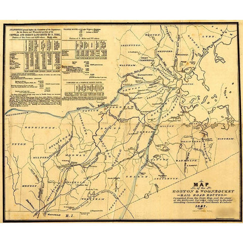 Boston and Woonsocket 1847 White Modern Wood Framed Art Print by Vintage Maps