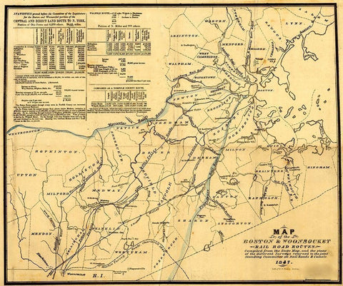 Boston and Woonsocket 1847 White Modern Wood Framed Art Print with Double Matting by Vintage Maps