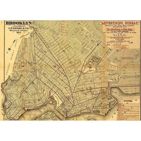 Brooklyn Street Map 1874 Black Modern Wood Framed Art Print with Double Matting by Vintage Maps