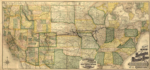 Burlington and Missouri River R R the Burlington Route 1882 Black Ornate Wood Framed Art Print with Double Matting by Vintage Maps