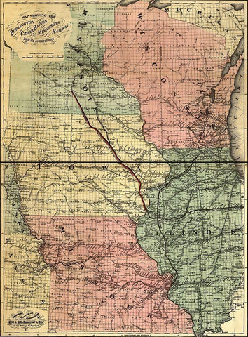 Burlington Cedar Rapids and Minnesota Railway 1868 Black Ornate Wood Framed Art Print with Double Matting by Vintage Maps