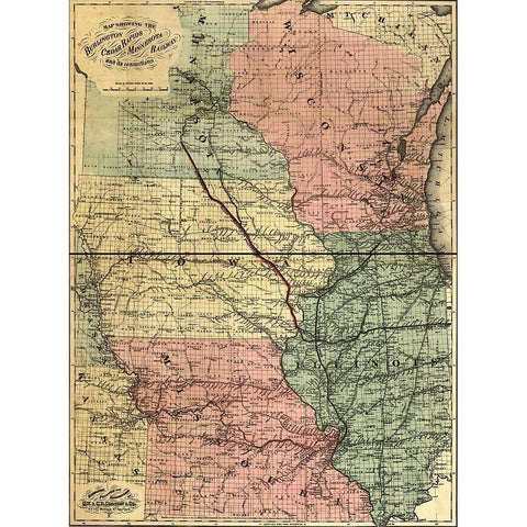 Burlington Cedar Rapids and Minnesota Railway 1868 Gold Ornate Wood Framed Art Print with Double Matting by Vintage Maps