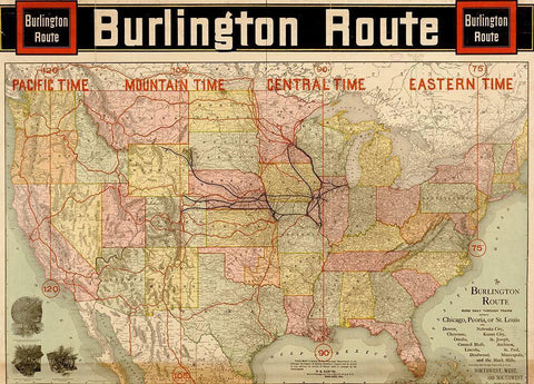 Burlington Route with Time Zones 1892 White Modern Wood Framed Art Print with Double Matting by Vintage Maps