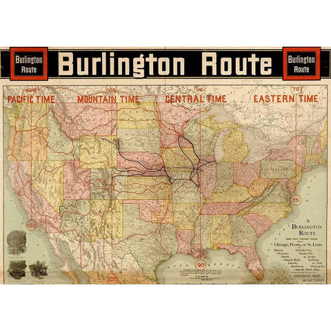 Burlington Route with Time Zones 1892 Black Modern Wood Framed Art Print with Double Matting by Vintage Maps