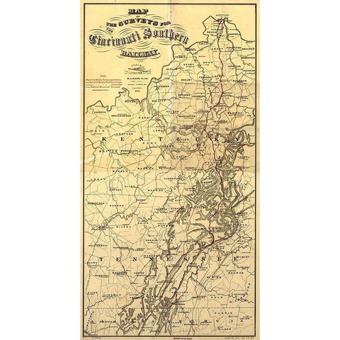 Cincinnati Southern 1873 Gold Ornate Wood Framed Art Print with Double Matting by Vintage Maps