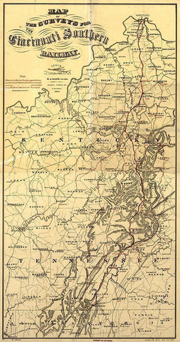 Cincinnati Southern 1873 Black Ornate Wood Framed Art Print with Double Matting by Vintage Maps