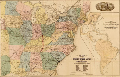 Cincinnati Southern Railway 1879 Black Ornate Wood Framed Art Print with Double Matting by Vintage Maps