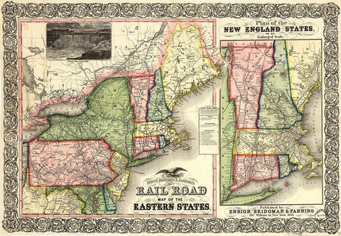 Road Map of the Eastern States 1856 Black Ornate Wood Framed Art Print with Double Matting by Vintage Maps