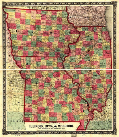 Illinois Iowa and Missouri 1857 White Modern Wood Framed Art Print with Double Matting by Vintage Maps