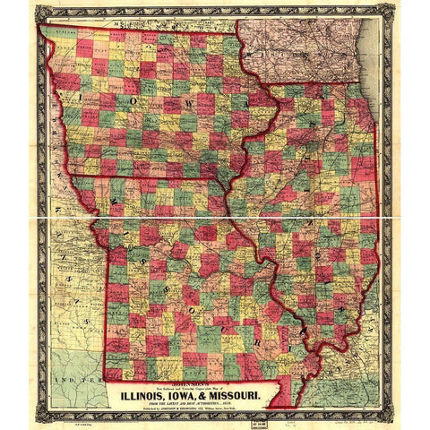 Illinois Iowa and Missouri 1857 Gold Ornate Wood Framed Art Print with Double Matting by Vintage Maps