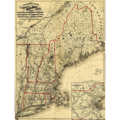 Maine New Hampshire Vermont Massachusetts Rhode Island Connecticut and Lower Canada 1860 Gold Ornate Wood Framed Art Print with Double Matting by Vintage Maps