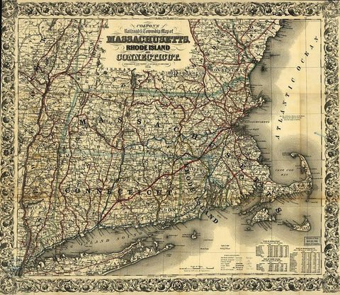 Massachusetts Rhode Island and Connecticut 1853 Black Ornate Wood Framed Art Print with Double Matting by Vintage Maps