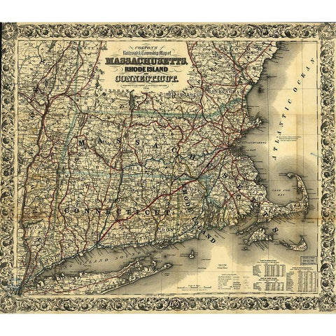 Massachusetts Rhode Island and Connecticut 1853 Gold Ornate Wood Framed Art Print with Double Matting by Vintage Maps