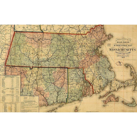 Railroad and township map of Massachusetts 1879 White Modern Wood Framed Art Print by Vintage Maps