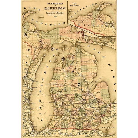 Michigan 1876 Black Modern Wood Framed Art Print with Double Matting by Vintage Maps