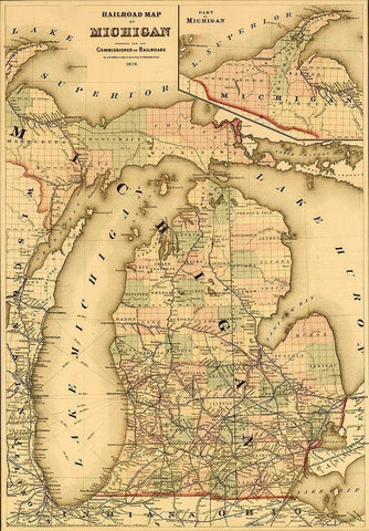 Michigan 1876 White Modern Wood Framed Art Print with Double Matting by Vintage Maps