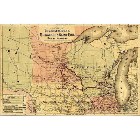 Milwaukee and Saint Paul Railway 1872 Gold Ornate Wood Framed Art Print with Double Matting by Vintage Maps